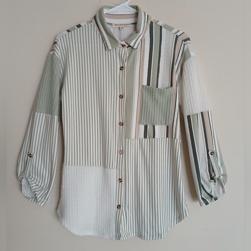 Above and Beyond Soft Green Stripe Button Down Shirt - Picture 1 of 9